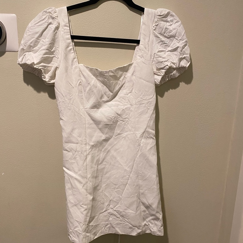 Zara White Mini Dress with Tie Back and Puff Sleeves